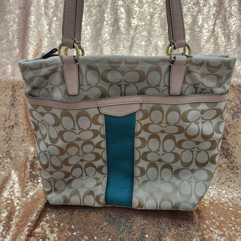 Coach Tan Green Stripe Logo Tote Bag